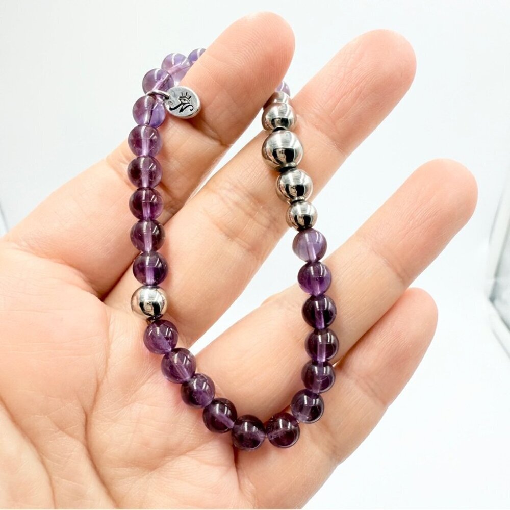Amethyst Evil Eye Stretch Bracelet with Stainless Steel Beads Protection Crystal